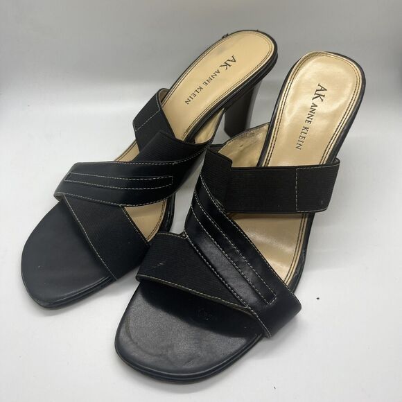 Anne Klein Machemist Stretch Sandal 8.5M Black Leather - Picture 1 of 10